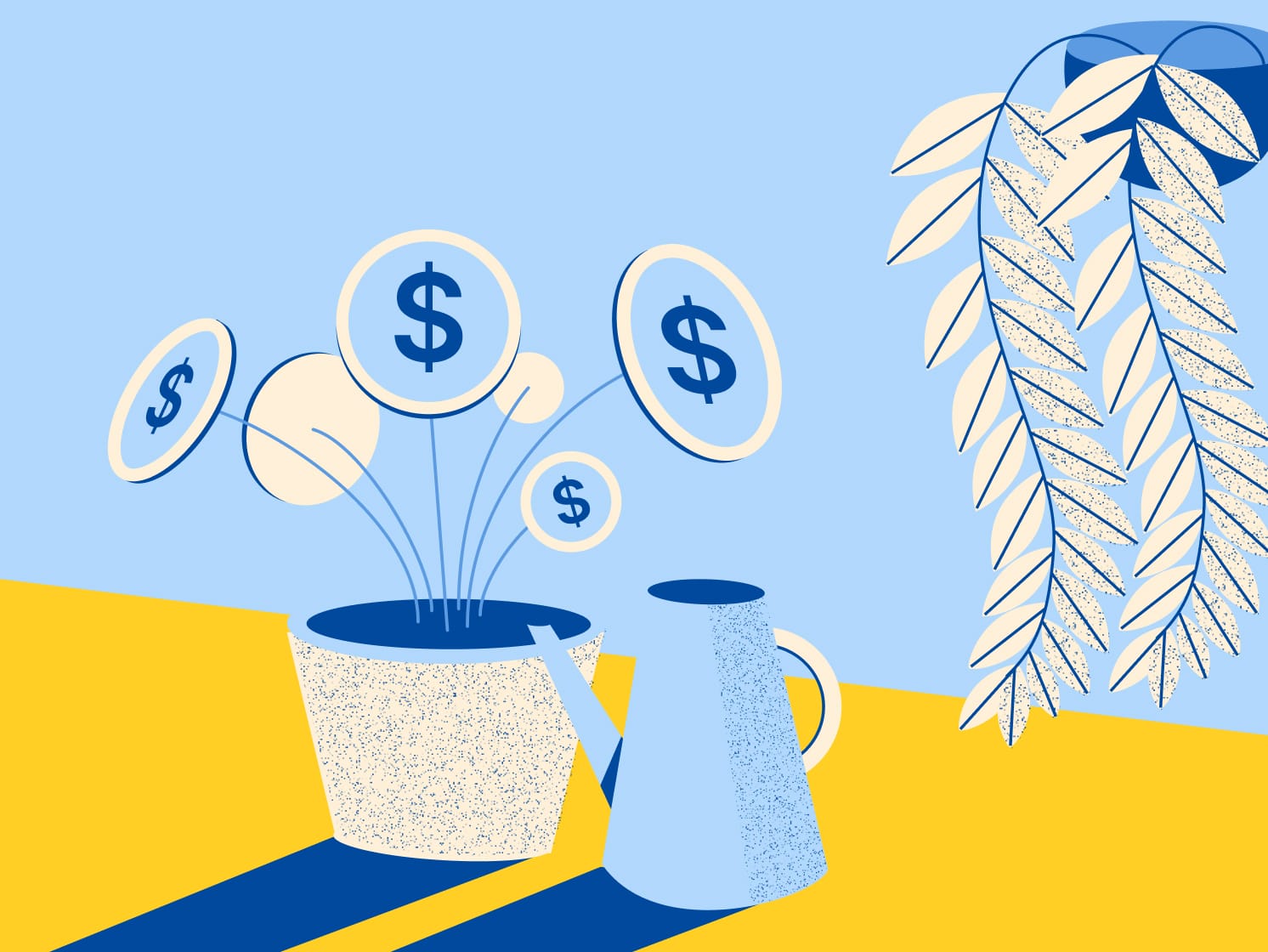 An illustration of a money plant in Deel's branding style